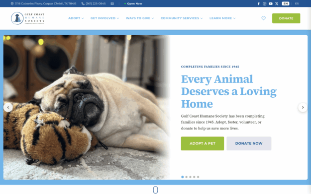 Gulf Coast Humane Society homepage showing a hero adoption banner and a grid of adoptable pets pulled from ShelterLuv.