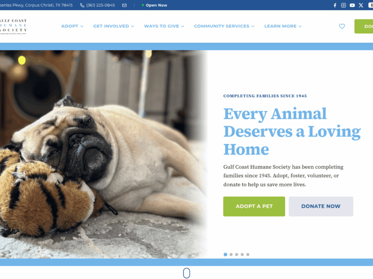 gchscc.org-desktop-20260713 Gulf Coast Humane Society homepage showing a hero adoption banner and a grid of adoptable pets pulled from ShelterLuv.