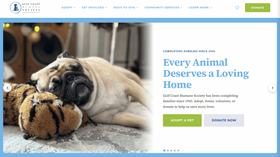 Gulf Coast Humane Society homepage showing a hero adoption banner and a grid of adoptable pets pulled from ShelterLuv.