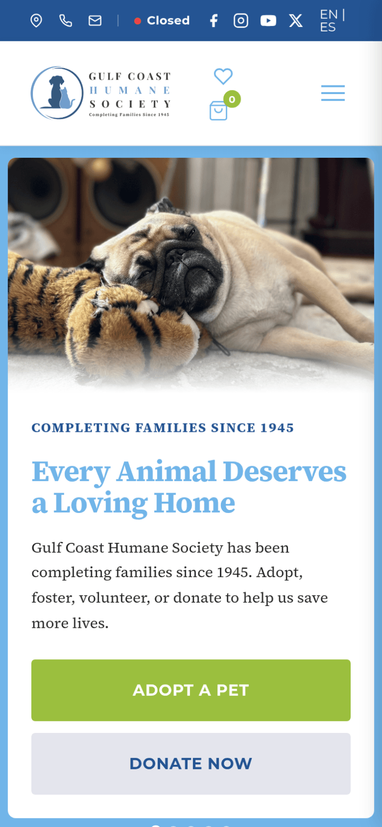 Gulf Coast Humane Society website, mobile view