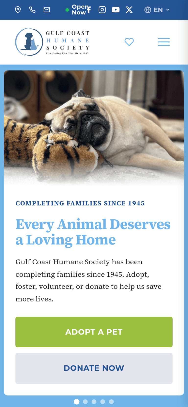 Gulf Coast Humane Society website, mobile view