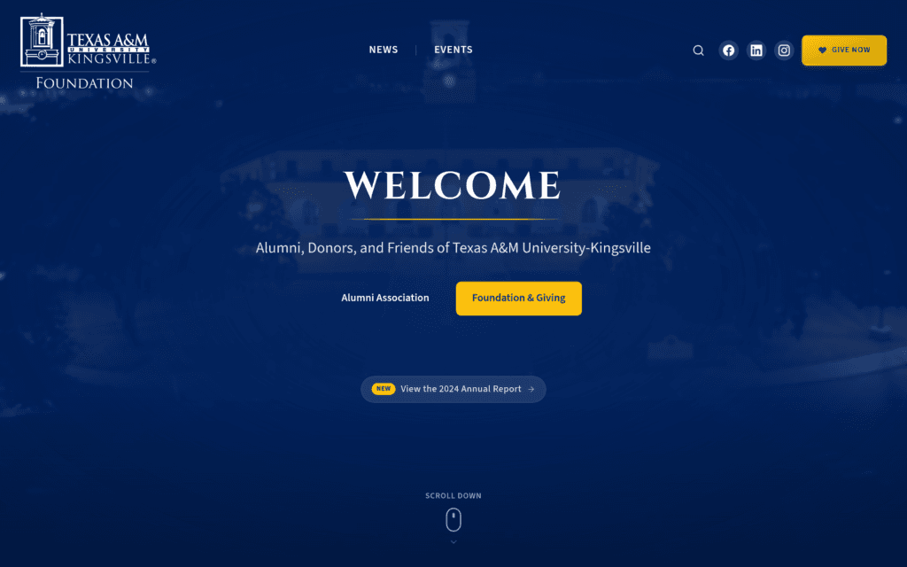 The Javelina Giving Foundation homepage with a WELCOME hero over dark blue drone footage of the TAMUK campus and Alumni Association and Foundation buttons.