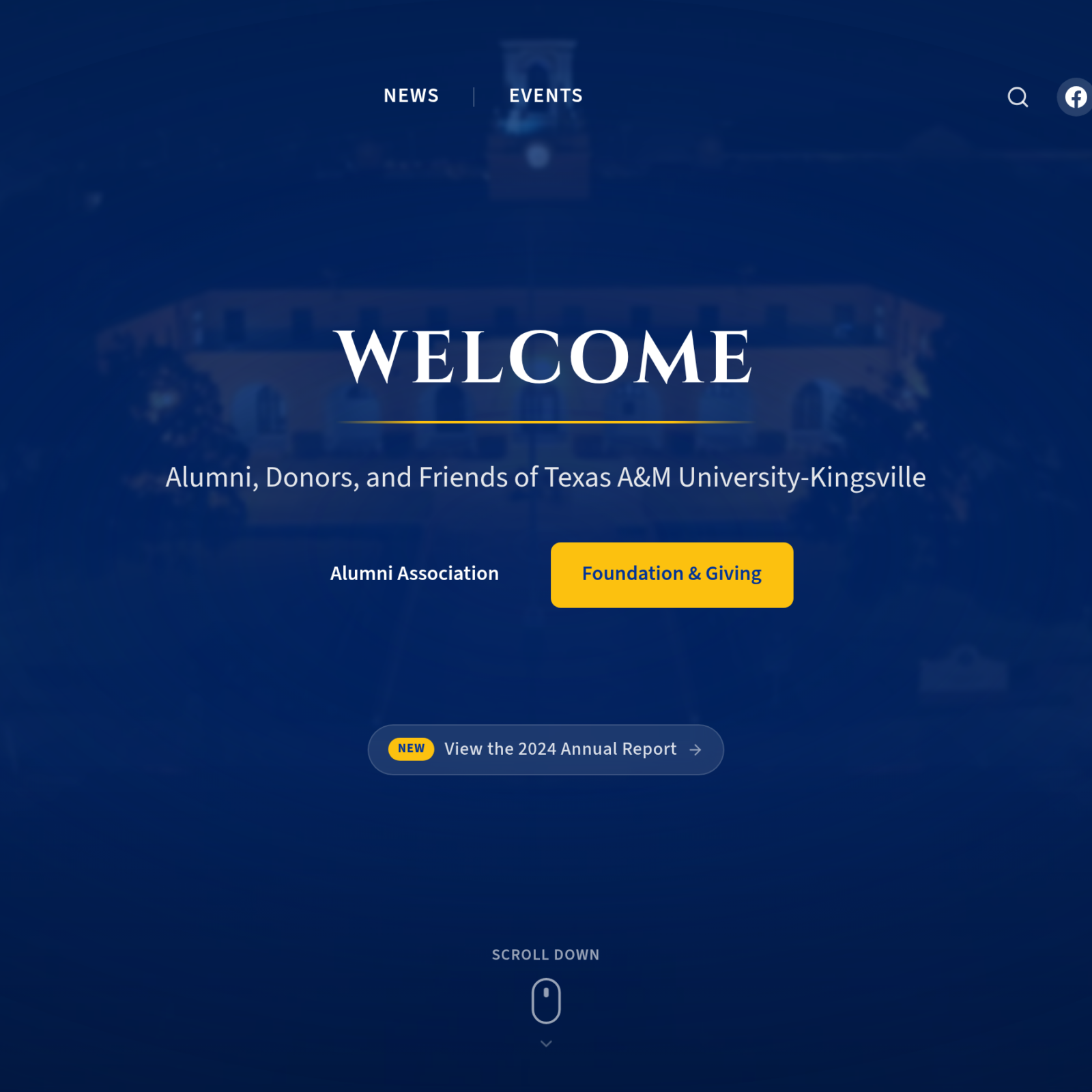 The Javelina Giving Foundation homepage with a WELCOME hero over dark blue drone footage of the TAMUK campus and Alumni Association and Foundation buttons.