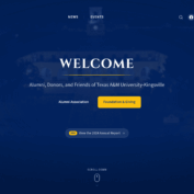 The Javelina Giving Foundation homepage with a WELCOME hero over dark blue drone footage of the TAMUK campus and Alumni Association and Foundation buttons.