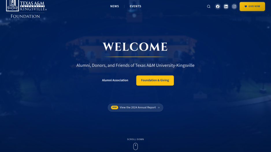 The Javelina Giving Foundation homepage with a WELCOME hero over dark blue drone footage of the TAMUK campus and Alumni Association and Foundation buttons.
