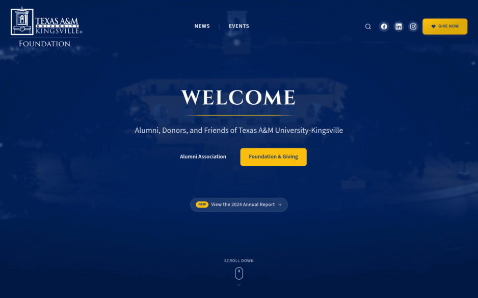 The Javelina Giving Foundation homepage with a WELCOME hero over dark blue drone footage of the TAMUK campus and Alumni Association and Foundation buttons.