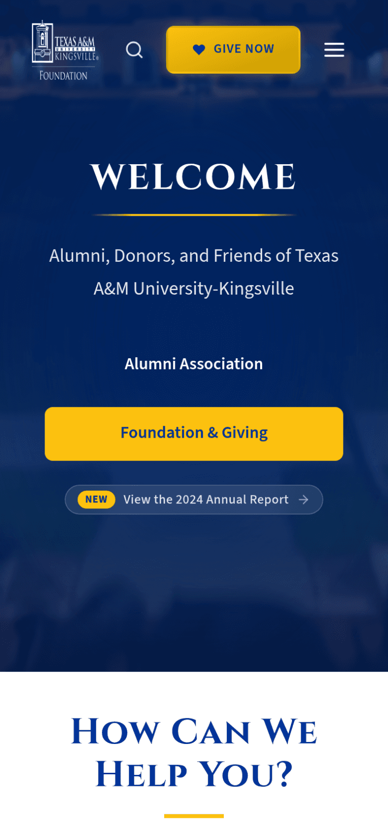 Texas A&M University - Kingsville Alumni Association website, mobile view