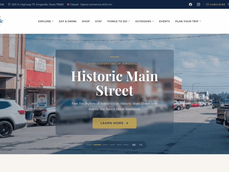 kingsvilletexas.com-desktop-20260713 Kingsville tourism homepage with a Historic Main Street hero over a downtown street scene and a Learn More button.