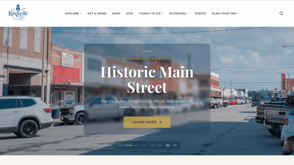 Kingsville tourism homepage with a Historic Main Street hero over a downtown street scene and a Learn More button.