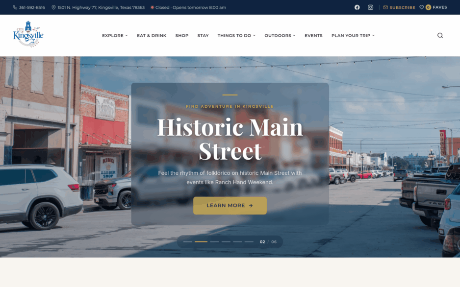 Kingsville tourism homepage with a Historic Main Street hero over a downtown street scene and a Learn More button.